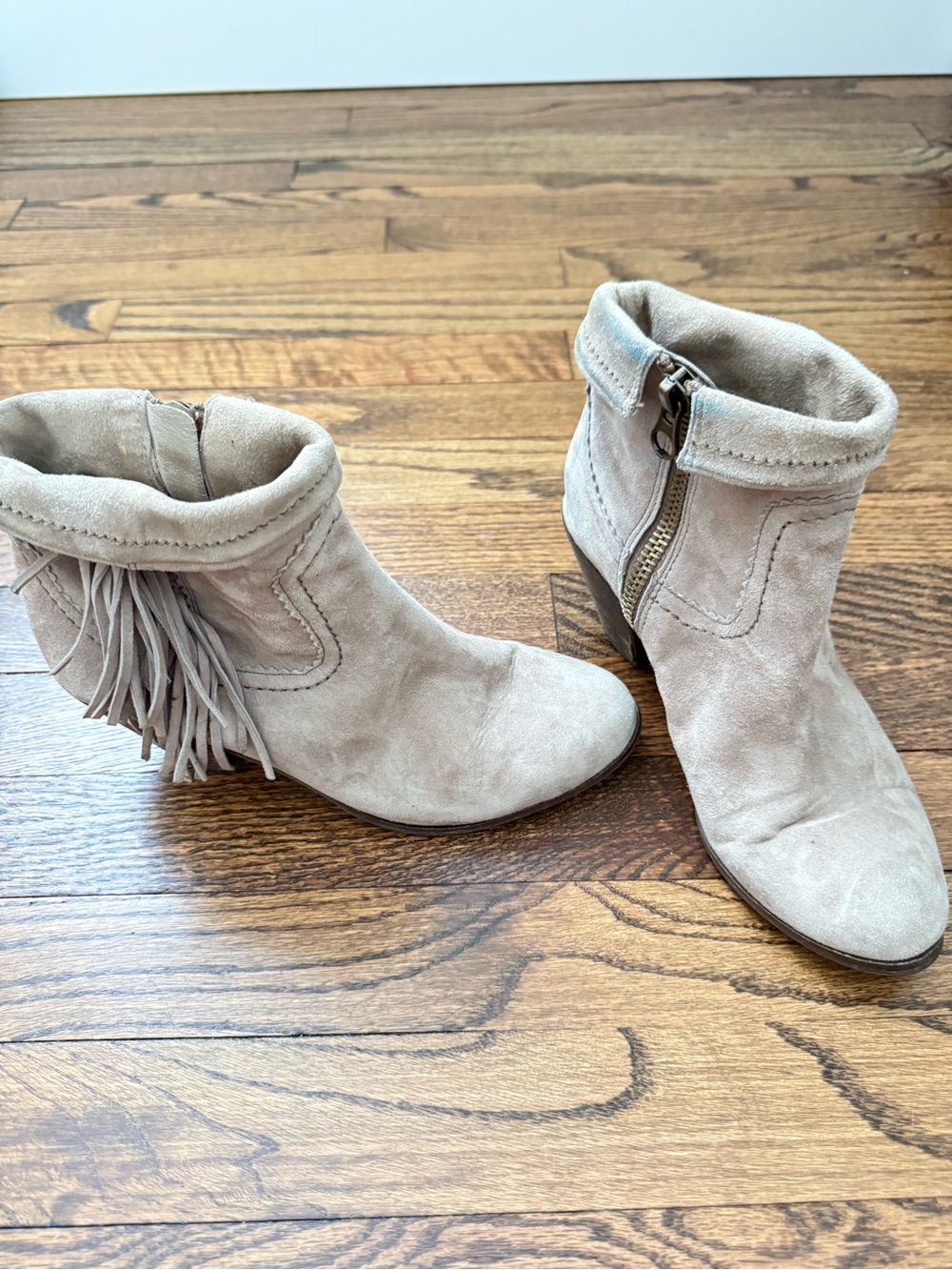 Sam Edelman Light Taupe Suede Fringe Booties